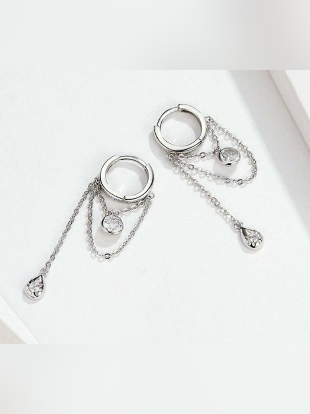 Sterling Silver s925 Dangle chain Hoop Earrings with Crystal Drops